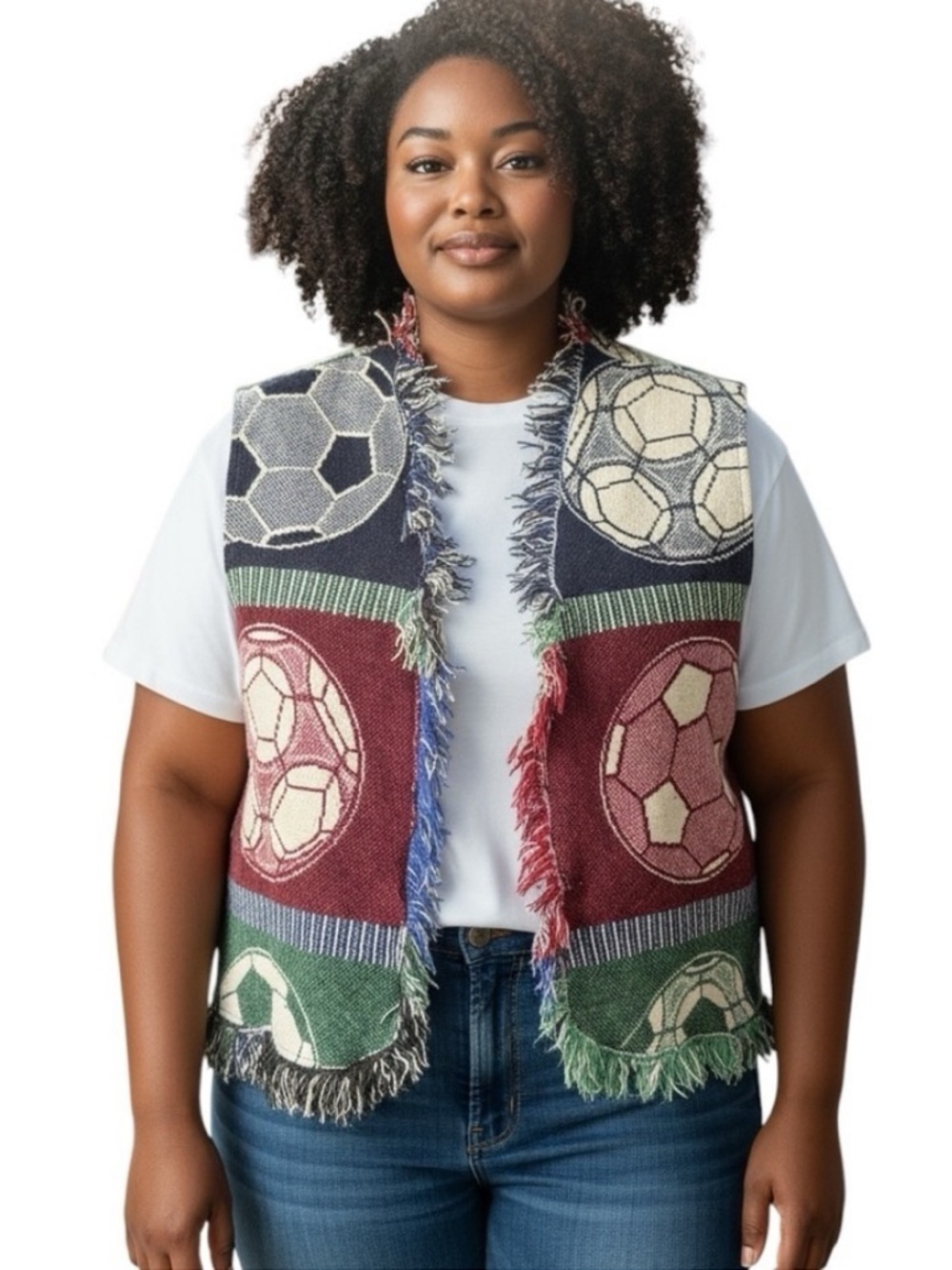Fringed Soccer Ball Vest Upcycled Blanket Throw - Picture 3 of 8